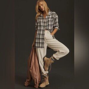 NWT Pilcro Black/Gray/Ivory Plaid Long Slim Buttondown Shirt in Women's Plus 2X